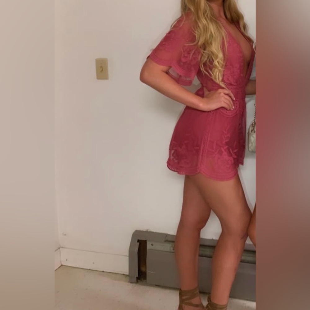 Women's Rose Pink Lace Trim Mini romper